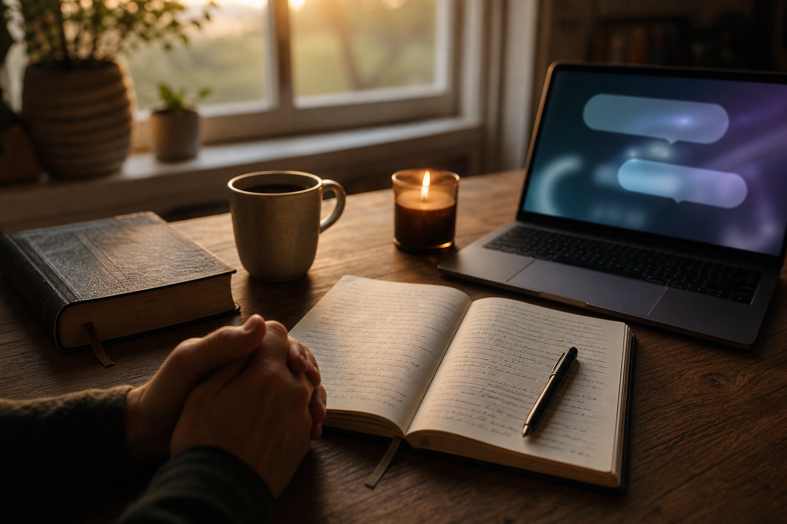 A warm desk with a Bible, journal, candle, coffee, and laptop, suggesting the difference between reflection and prayer.