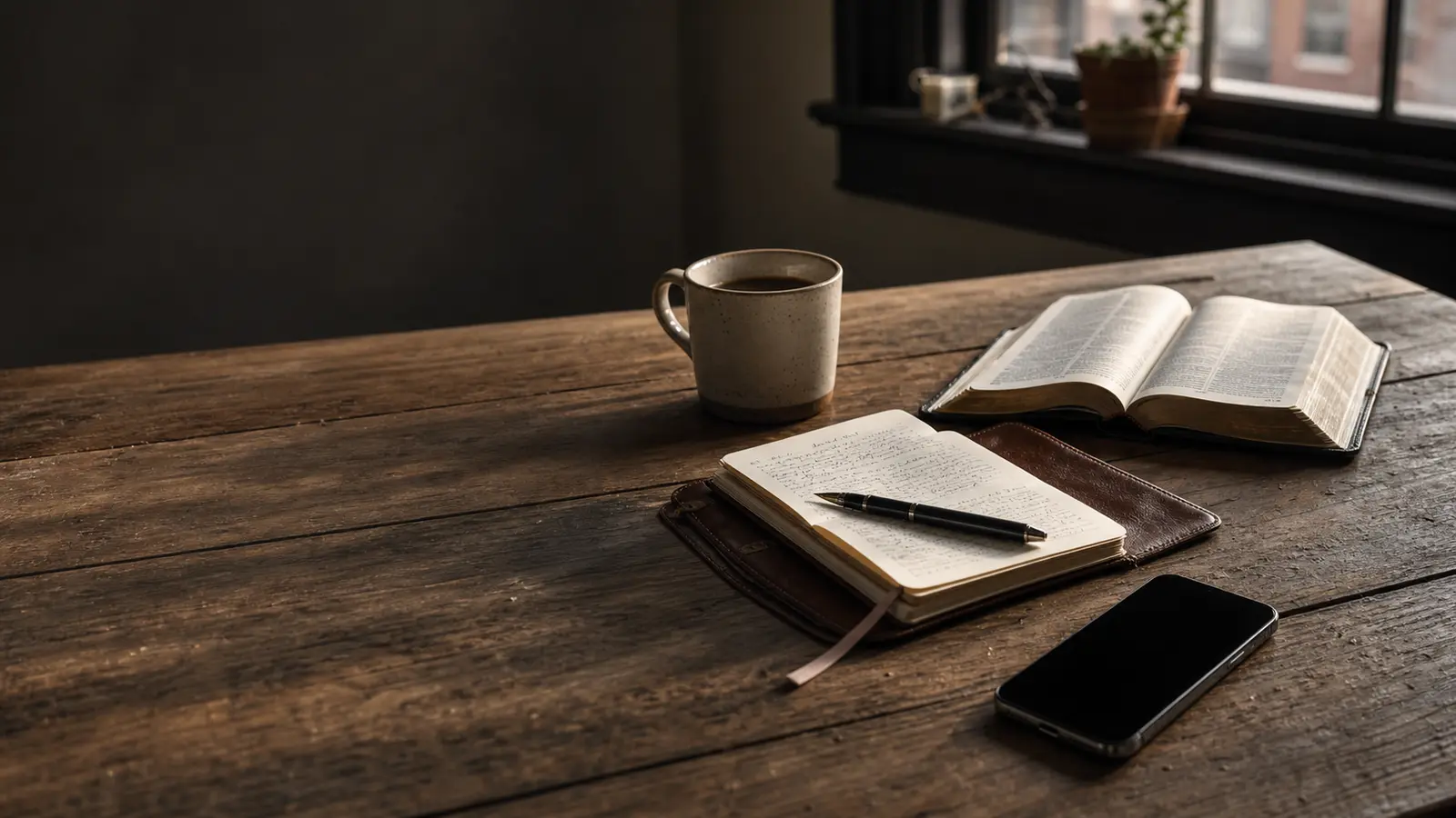 Coffee, journal, Bible, and phone on a wooden table in morning light