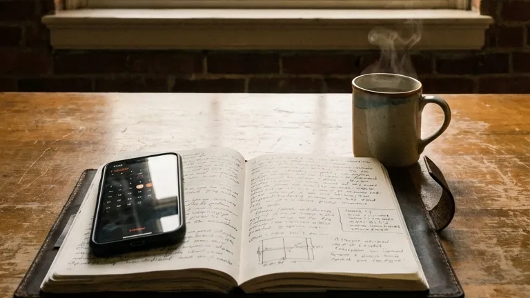 A steaming mug beside an open journal and a phone on a wooden desk below a window